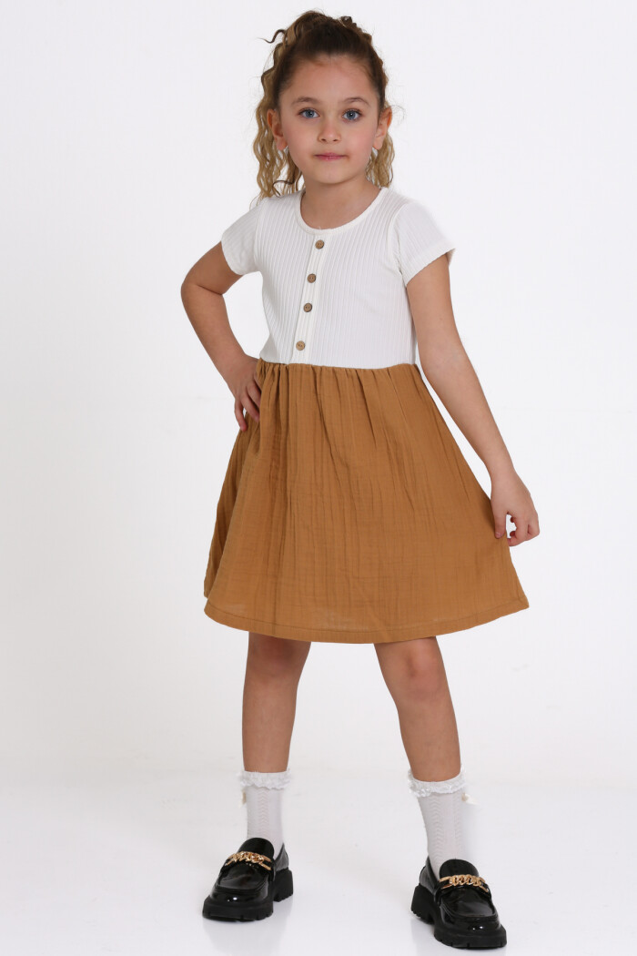 Kız Çocuk Kahve Müslin Fitilli 1-5 Yaş Elbise - 2474-3