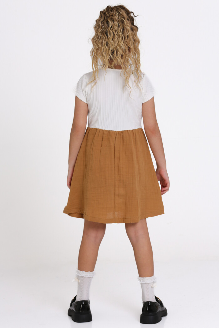 Kız Çocuk Kahve Müslin Fitilli 1-5 Yaş Elbise - 2474-3