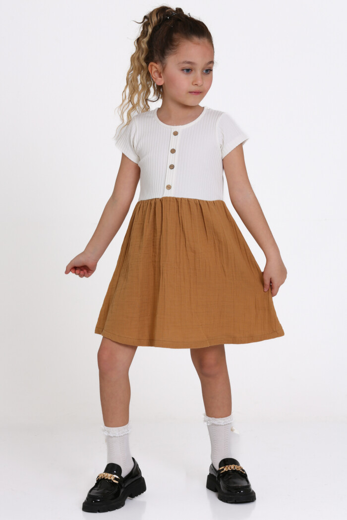 Kız Çocuk Kahve Müslin Fitilli 1-5 Yaş Elbise - 2474-3