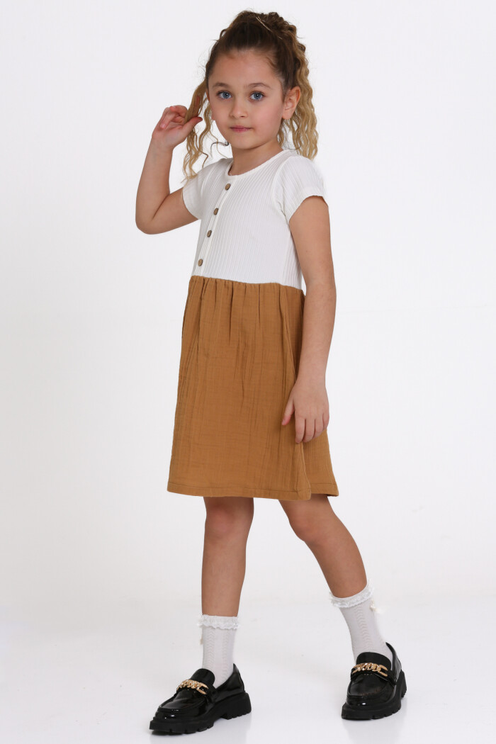 Kız Çocuk Kahve Müslin Fitilli 1-5 Yaş Elbise - 2474-3