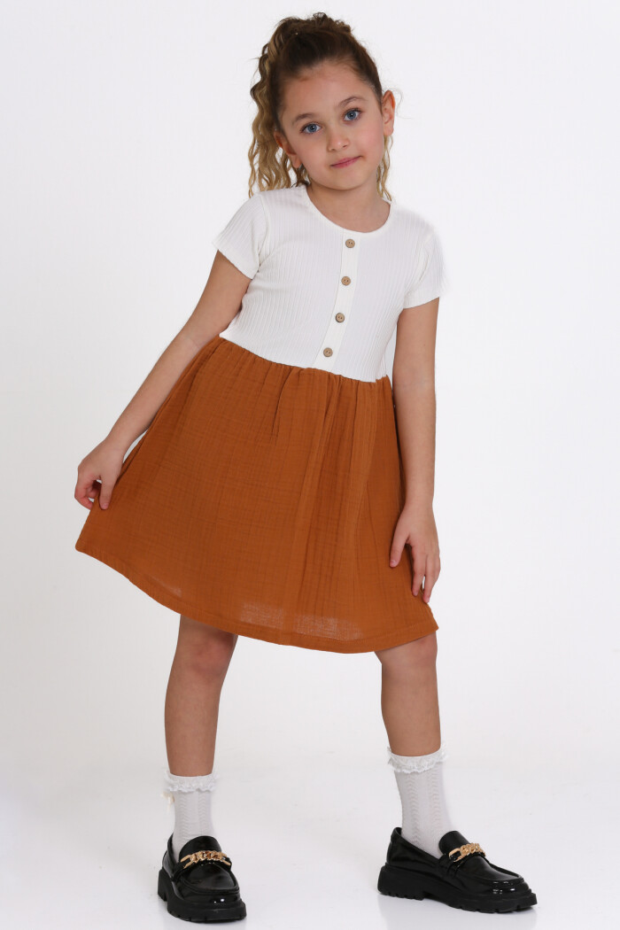 Kız Çocuk Kiremit Müslin Fitilli 1-5 Yaş Elbise - 2474-4