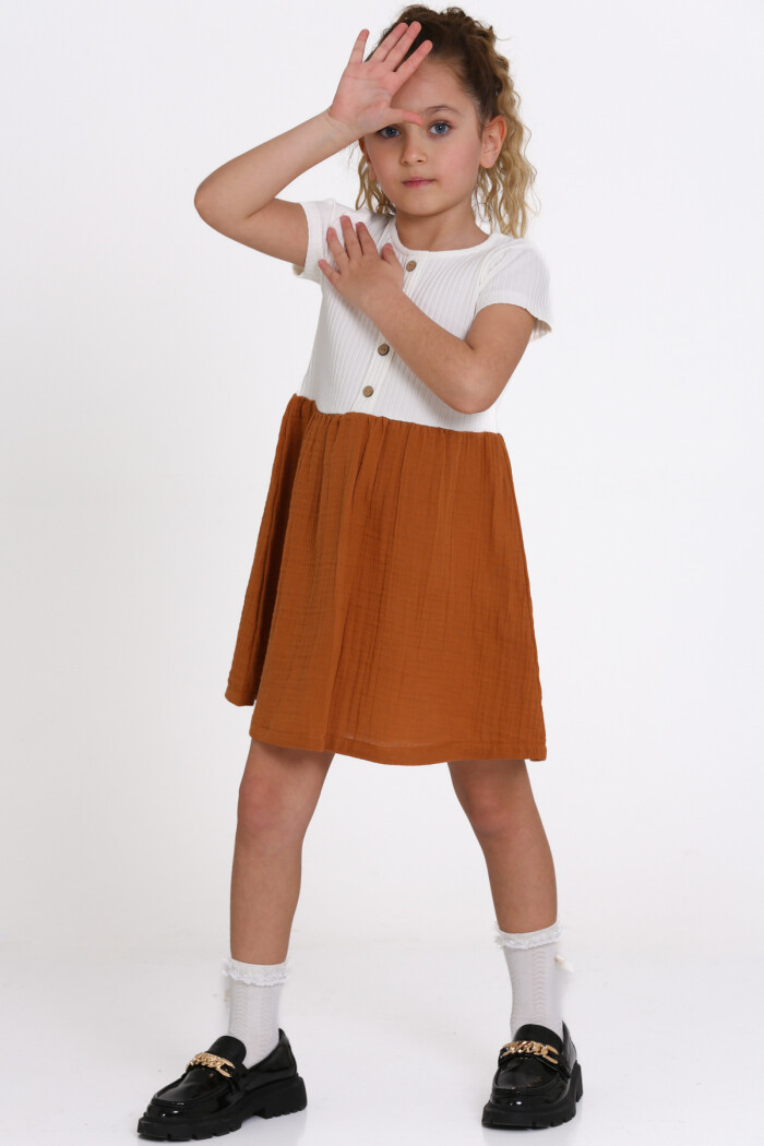 Kız Çocuk Kiremit Müslin Fitilli 1-5 Yaş Elbise - 2474-4