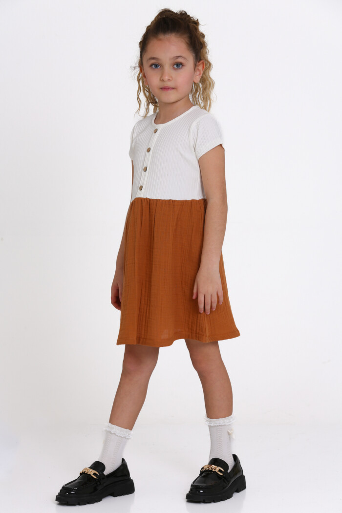 Kız Çocuk Kiremit Müslin Fitilli 1-5 Yaş Elbise - 2474-4