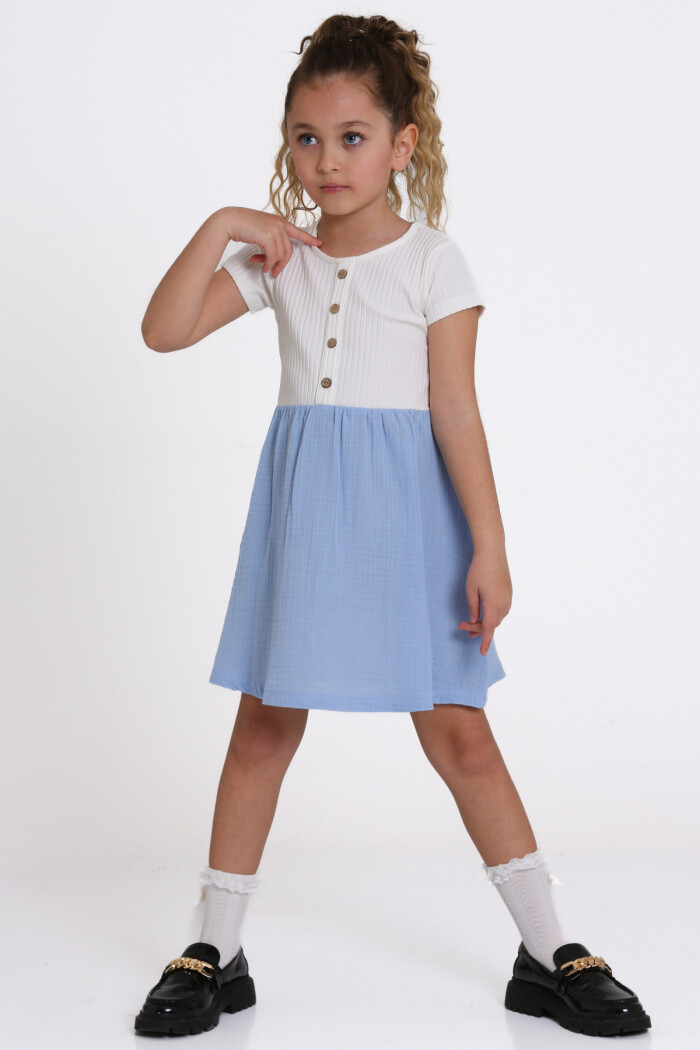Kız Çocuk Mavi Müslin Fitilli 1-5 Yaş Elbise - 2474-5