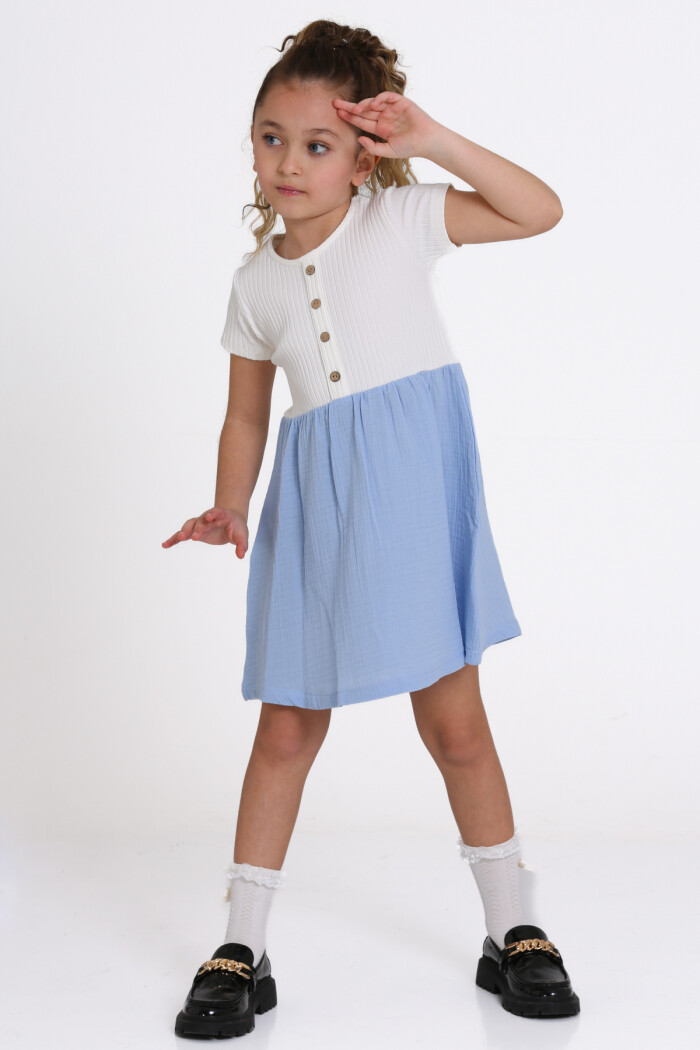 Kız Çocuk Mavi Müslin Fitilli 1-5 Yaş Elbise - 2474-5