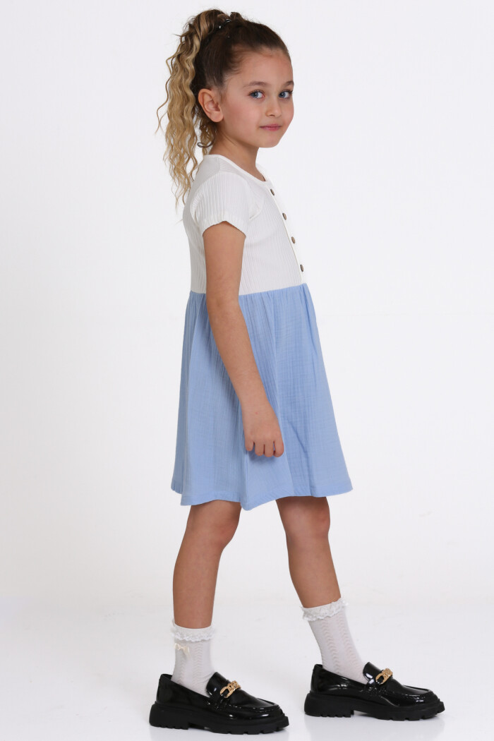 Kız Çocuk Mavi Müslin Fitilli 1-5 Yaş Elbise - 2474-5