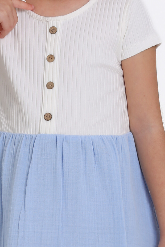 Kız Çocuk Mavi Müslin Fitilli 1-5 Yaş Elbise - 2474-5