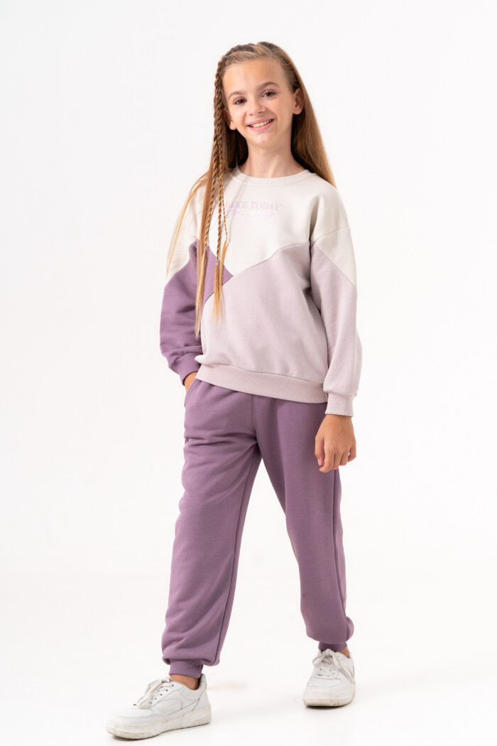 Kız Çocuk Mor Parça Detaylı Lastik Paça 5-9 Yaş Takım - 3579-3