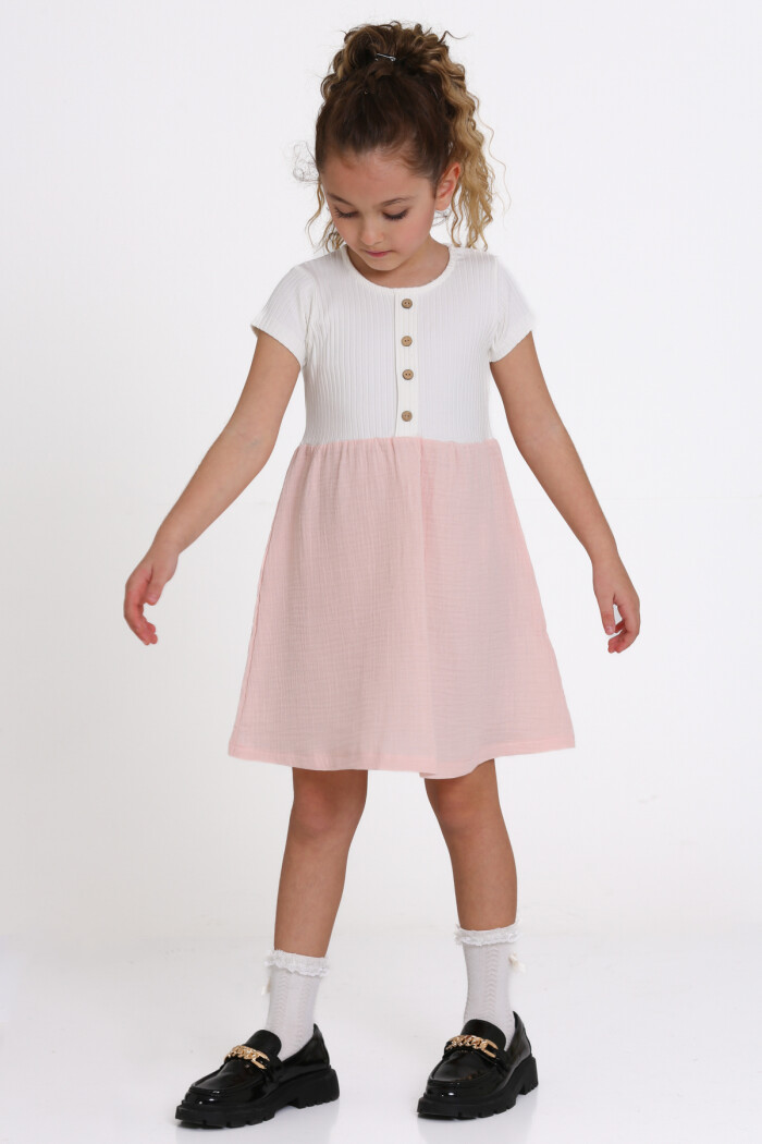 Kız Çocuk Pudra Müslin Fitilli 1-5 Yaş Elbise - 2474-6