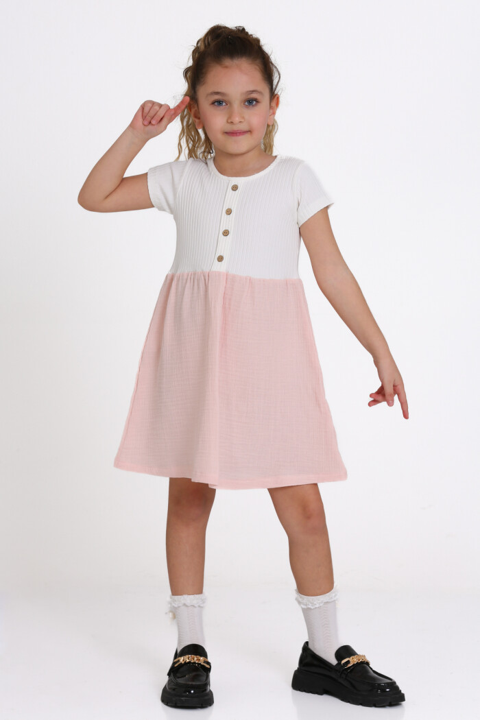 Kız Çocuk Pudra Müslin Fitilli 1-5 Yaş Elbise - 2474-6