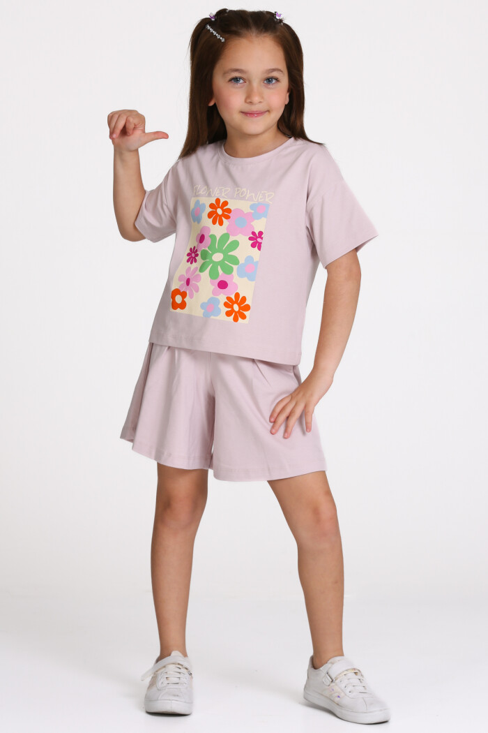 Lila Flower Power Baskılı 3-7 Yaş Takım - 2510-2