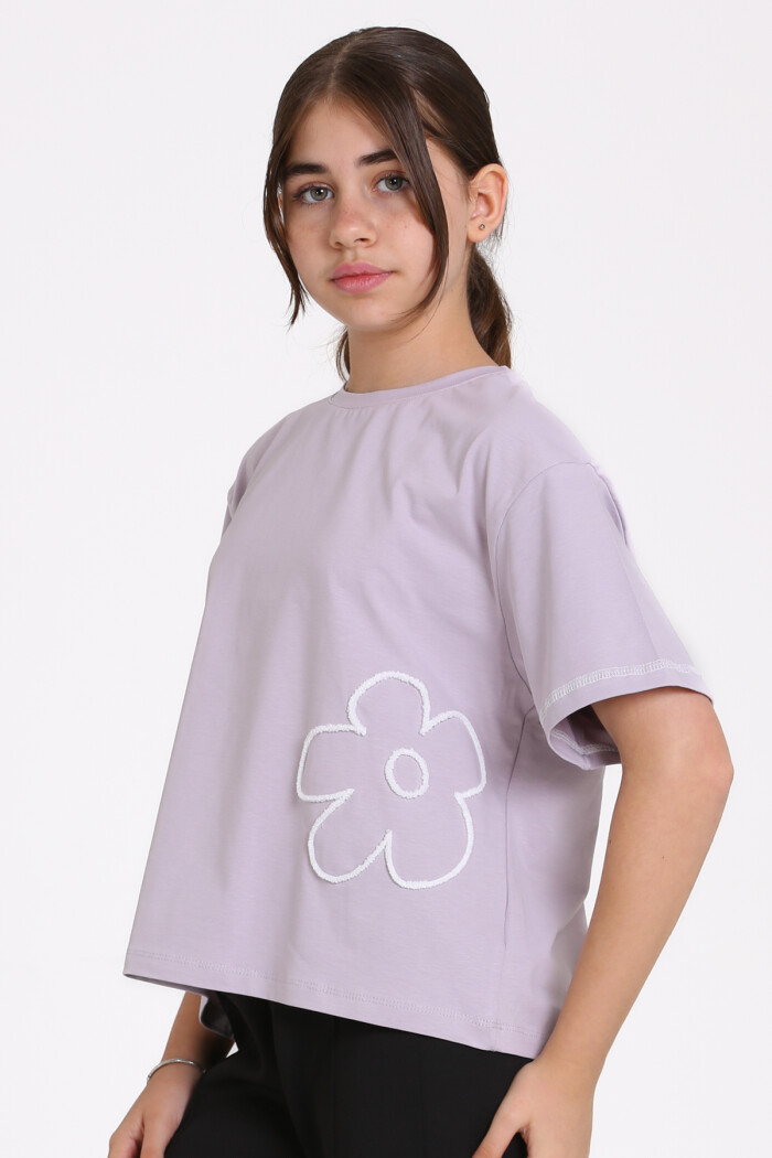 Lila Karyoka Dikişli 5-13 Yaş Tişört - 2531-4