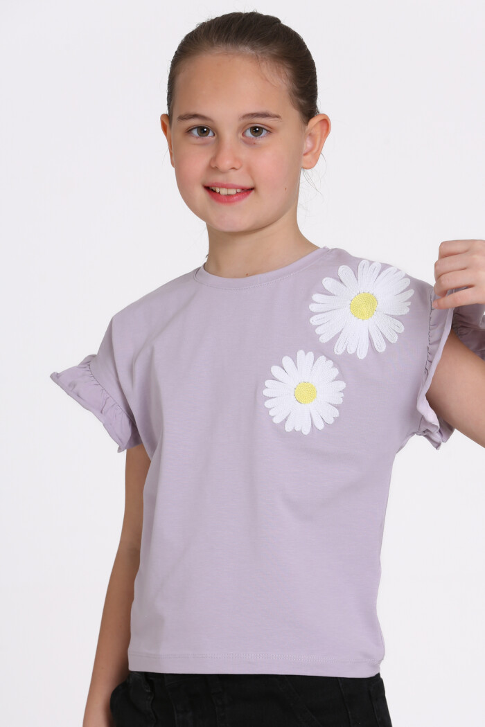 Lila Papatya Nakışlı 5-13 Yaş Tişört - 2517-5