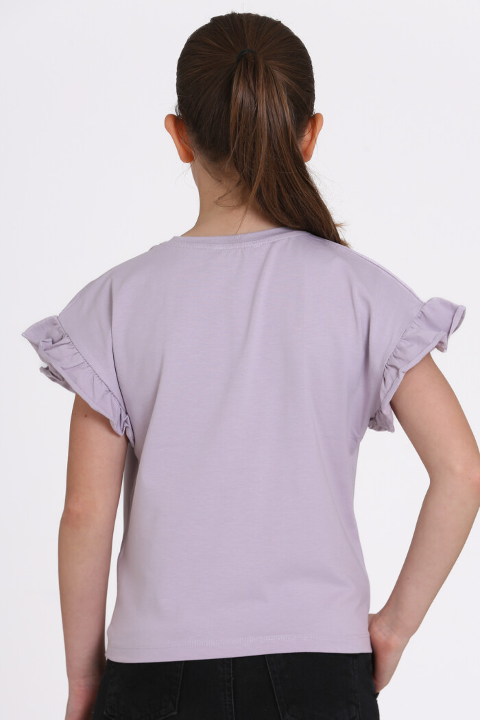 Lila Papatya Nakışlı 5-13 Yaş Tişört - 2517-5