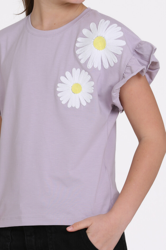 Lila Papatya Nakışlı 5-13 Yaş Tişört - 2517-5