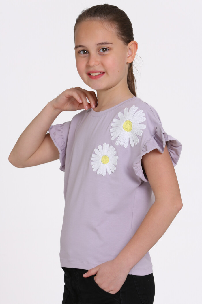 Lila Papatya Nakışlı 5-13 Yaş Tişört - 2517-5
