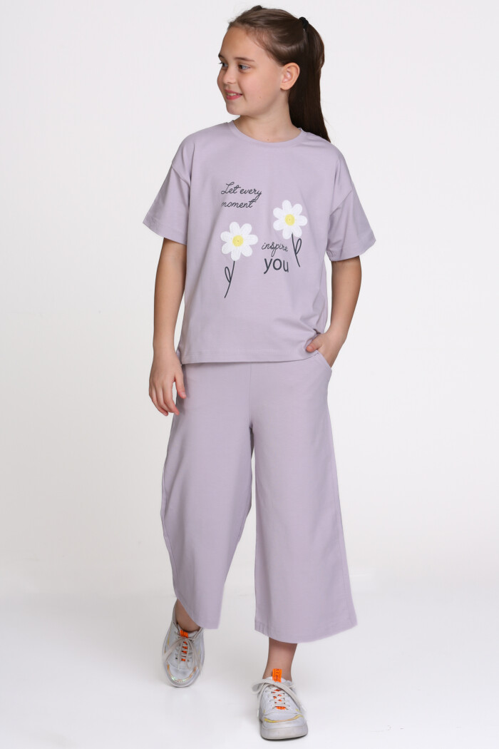 Lila Papatya Nakışlı Baskılı 8-12 Yaş Takım - 2546-2