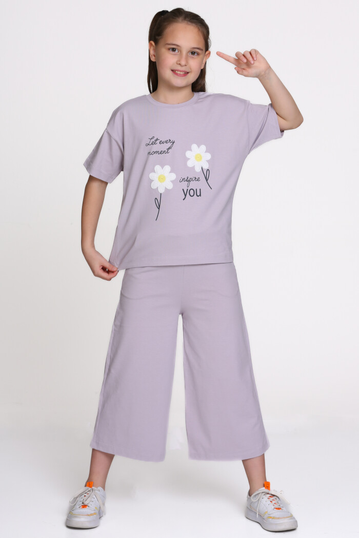 Lila Papatya Nakışlı Baskılı 8-12 Yaş Takım - 2546-2