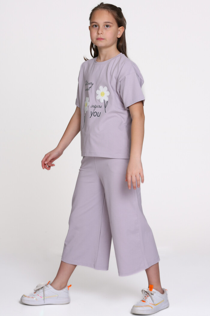 Lila Papatya Nakışlı Baskılı 8-12 Yaş Takım - 2546-2