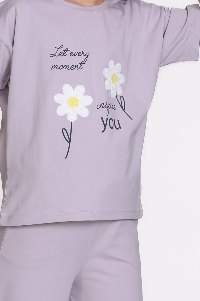 Lila Papatya Nakışlı Baskılı 8-12 Yaş Takım - 2546-2