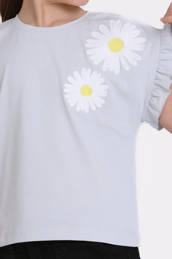 Mavi Papatya Nakışlı 5-13 Yaş Tişört - 2517-2