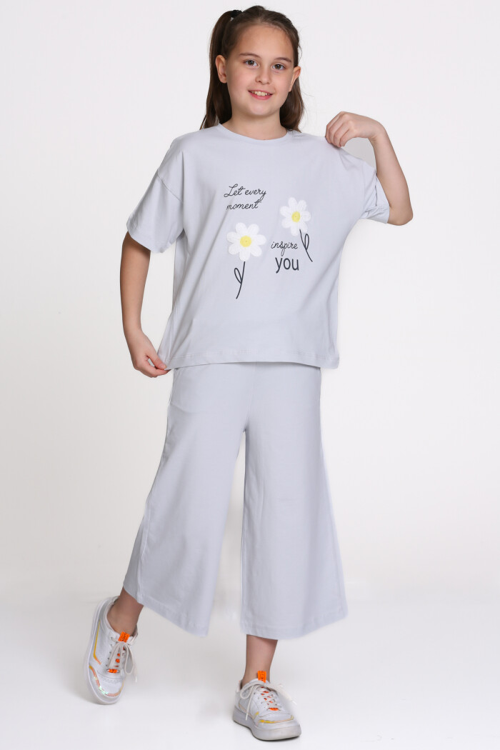 Mavi Papatya Nakışlı Baskılı 8-12 Yaş Takım - 2546-3