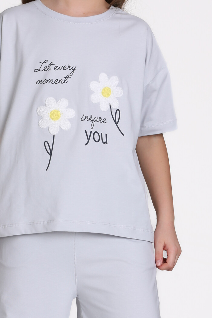 Mavi Papatya Nakışlı Baskılı 8-12 Yaş Takım - 2546-3