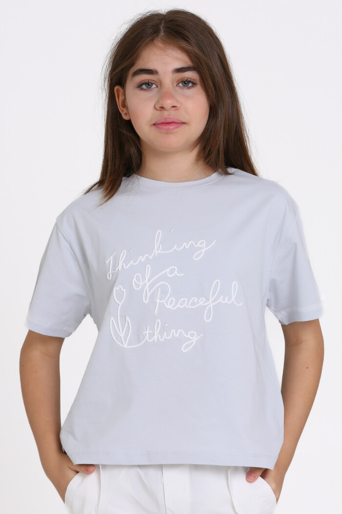 Mavi Yazı Nakışlı 5-13 Yaş Tişört - 2532-5