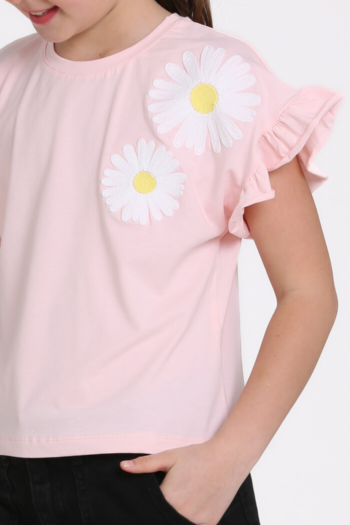 Pudra Papatya Nakışlı 5-13 Yaş Tişört - 2517-3