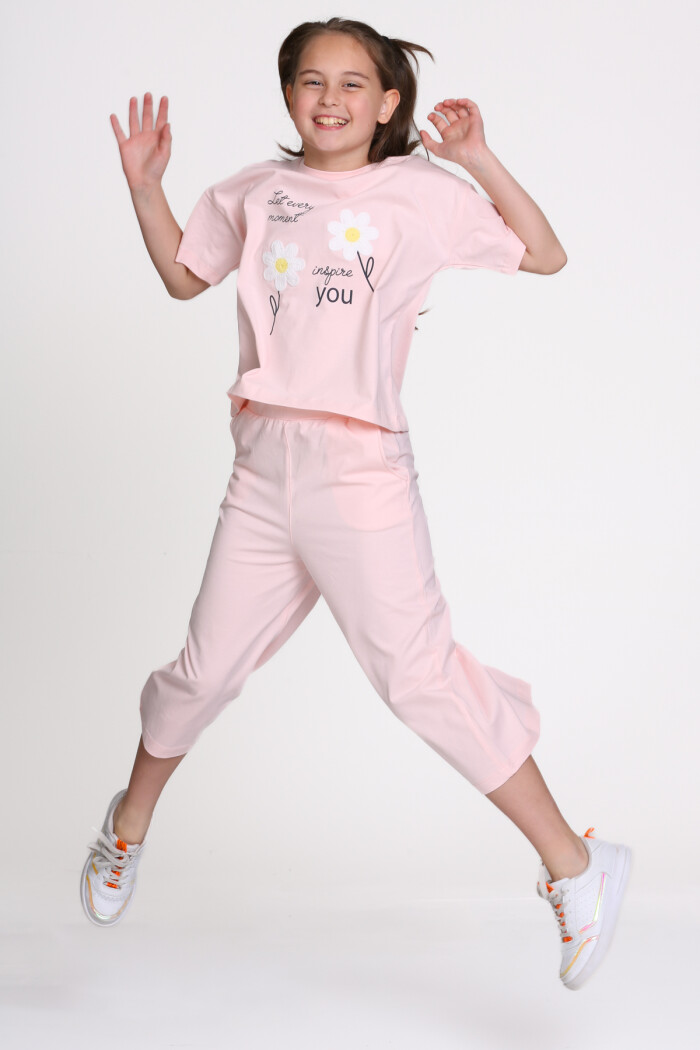 Pudra Papatya Nakışlı Baskılı 8-12 Yaş Takım - 2546-4