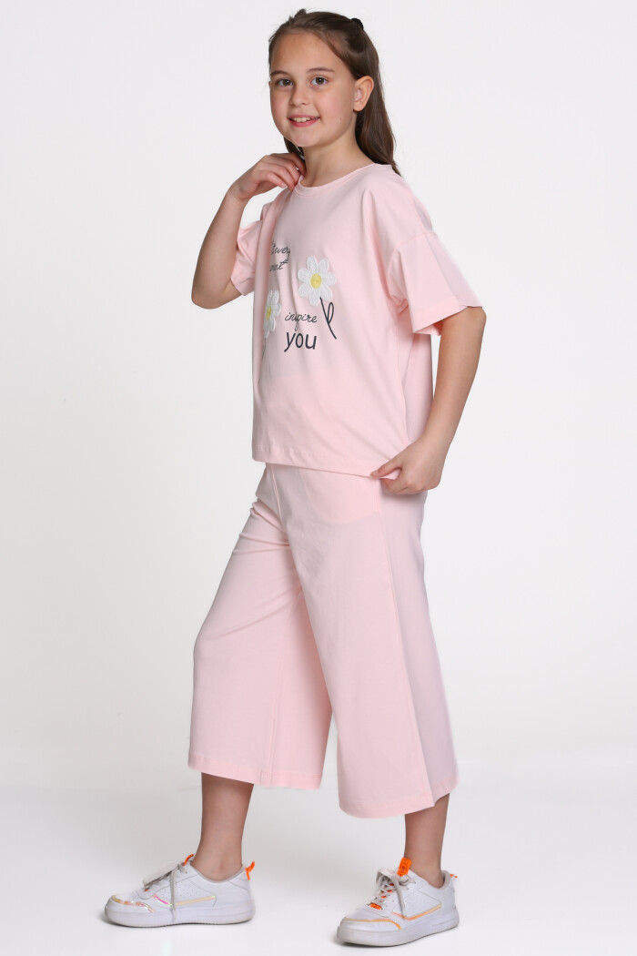 Pudra Papatya Nakışlı Baskılı 8-12 Yaş Takım - 2546-4