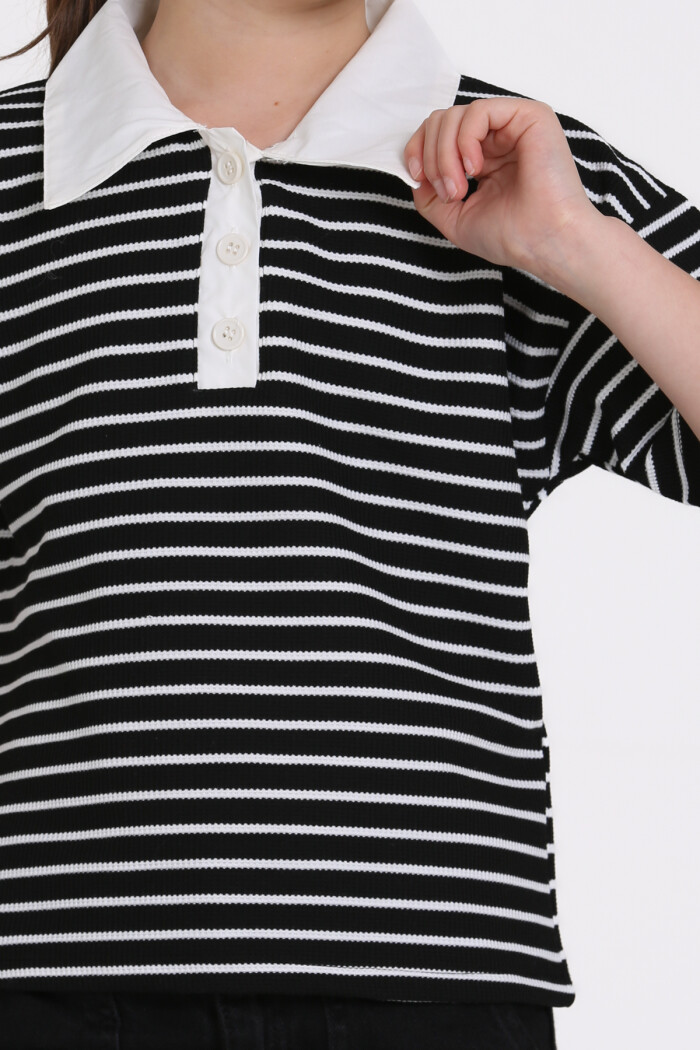 Siyah Çizgi Desenli 5-13 Yaş Tişört - 2506-5