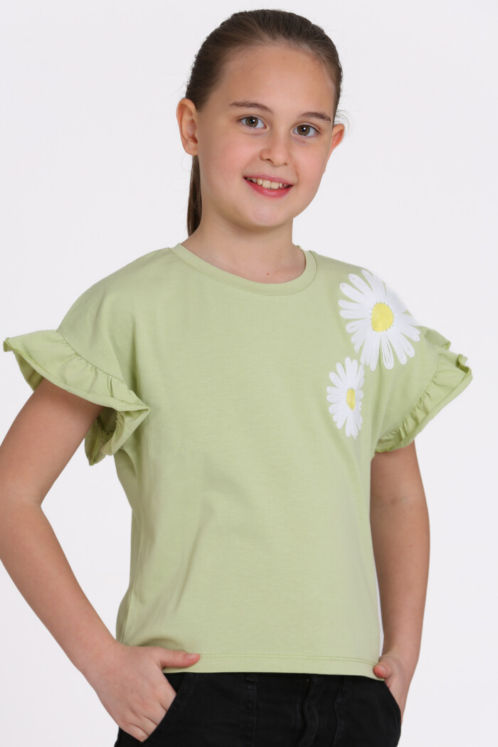 Yeşil Papatya Nakışlı 5-13 Yaş Tişört - 2517-6
