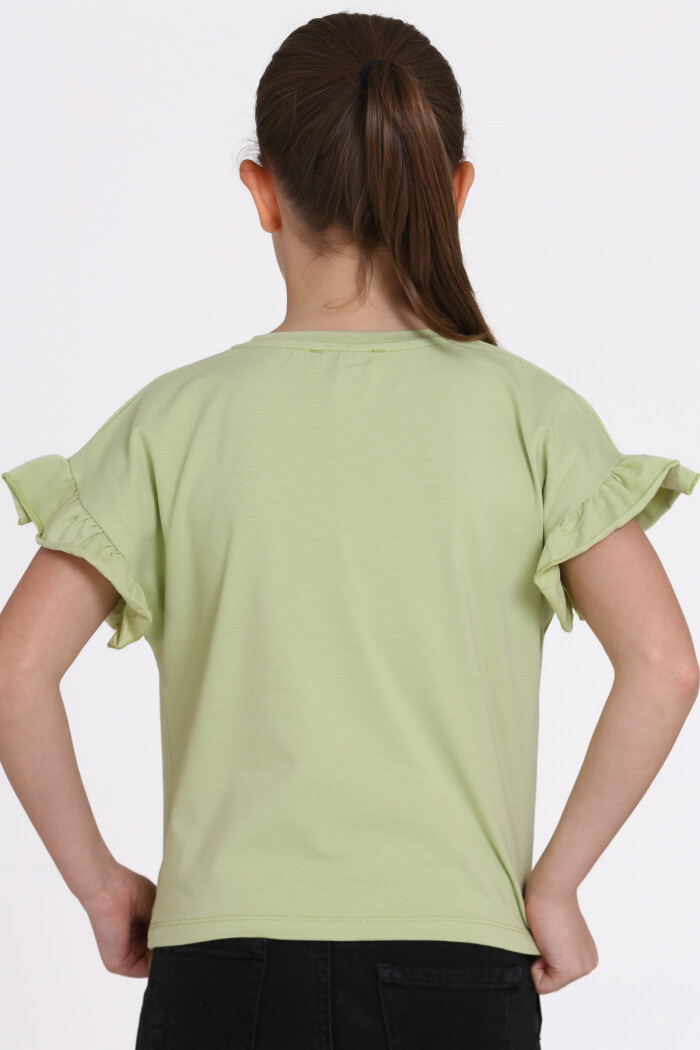 Yeşil Papatya Nakışlı 5-13 Yaş Tişört - 2517-6