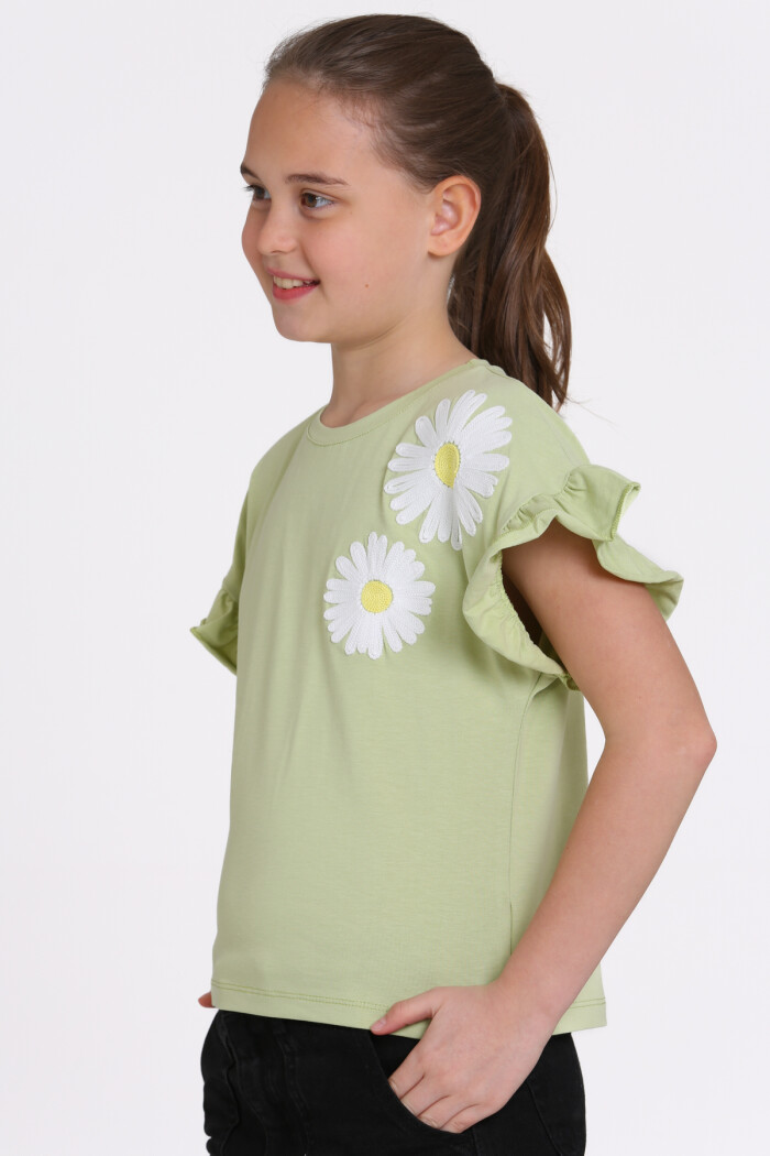 Yeşil Papatya Nakışlı 5-13 Yaş Tişört - 2517-6