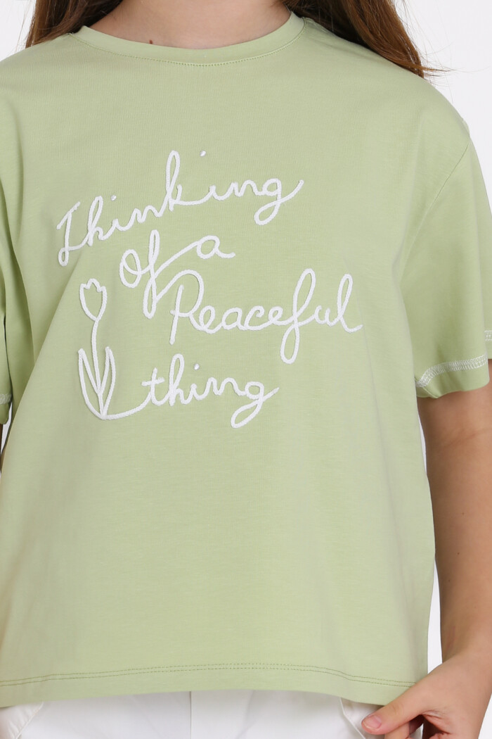 Yeşil Yazı Nakışlı 5-13 Yaş Tişört - 2532-3