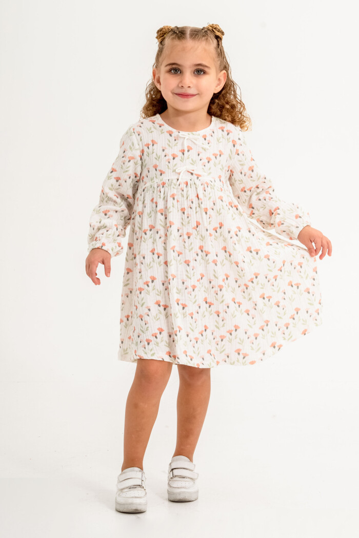 Çiçekli Kız Çocuk Elbise 1-5 Yaş Kiremit 3772-2