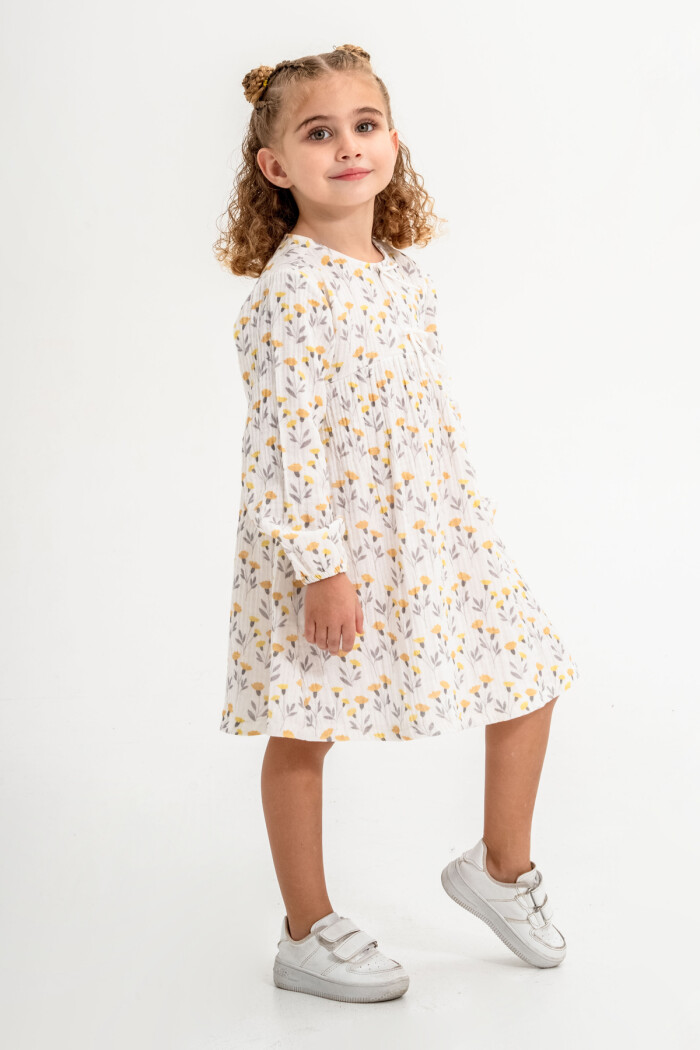 Çiçekli Kız Çocuk Elbise 1-5 Yaş Sarı 3772-3
