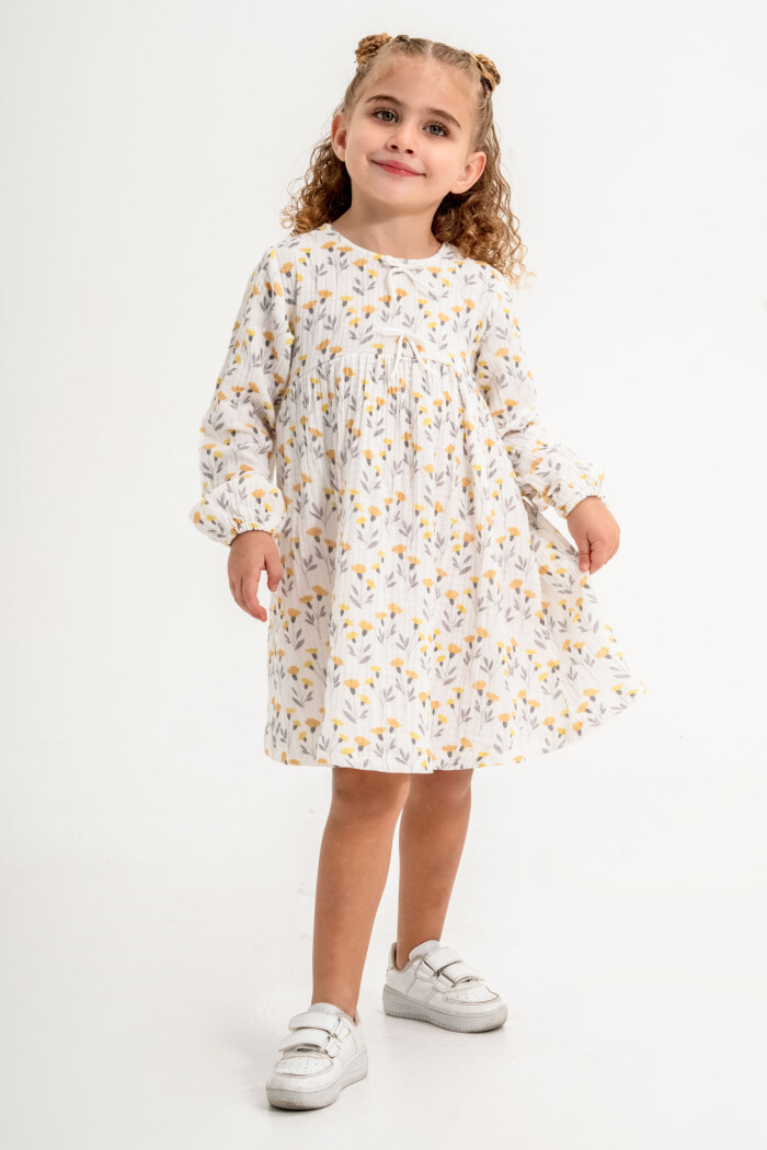 Çiçekli Kız Çocuk Elbise 1-5 Yaş Sarı 3772-3