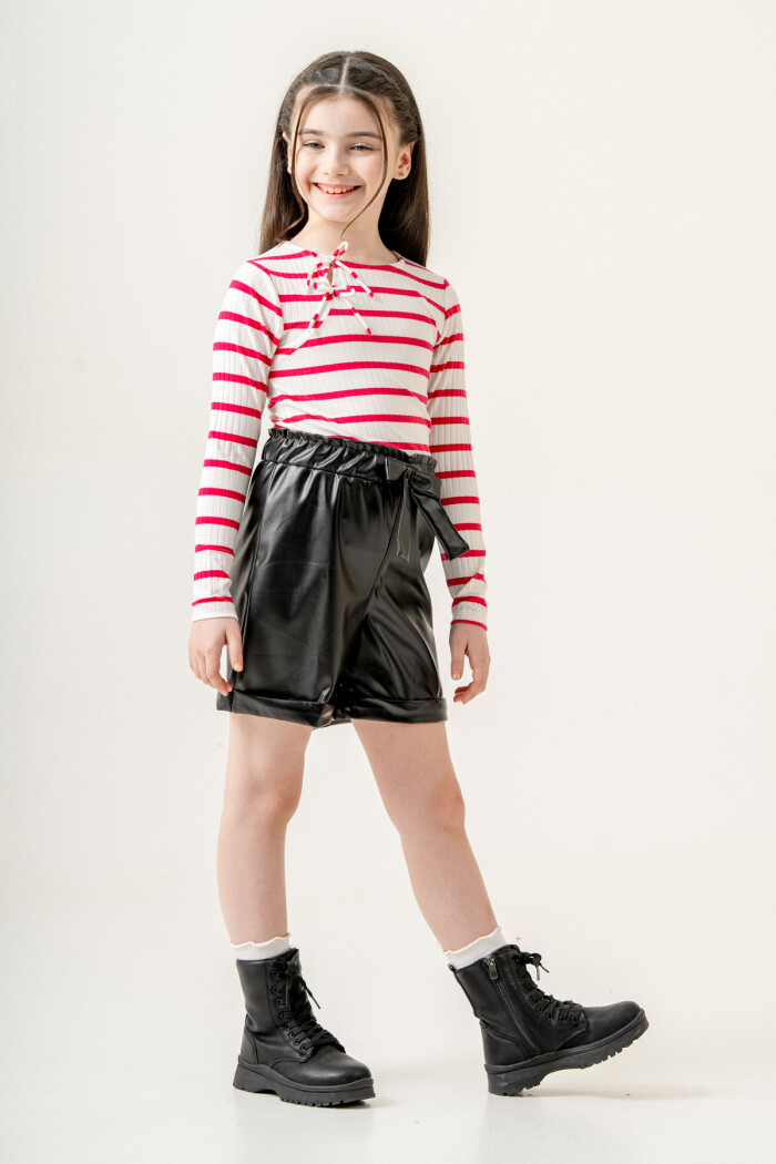 Çizgili Badili Deri Şortlu Kız Çocuk Takım 5-9 Yaş Fuşya 3775-4