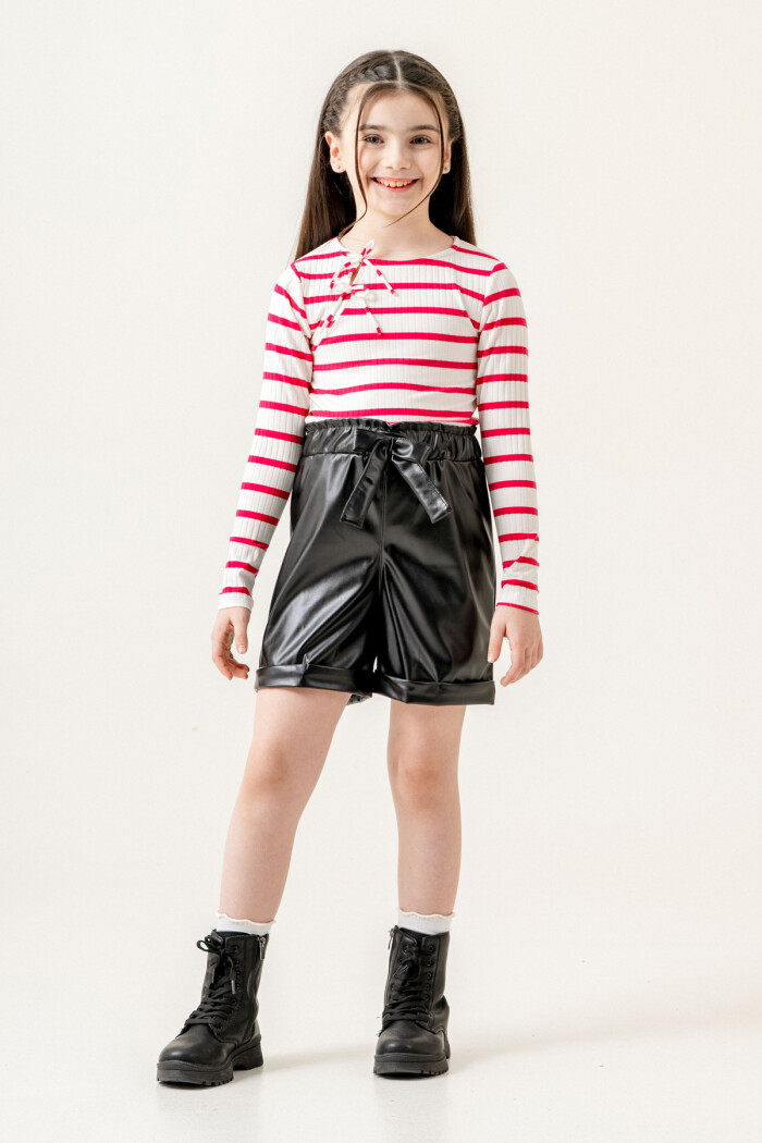 Çizgili Badili Deri Şortlu Kız Çocuk Takım 5-9 Yaş Fuşya 3775-4