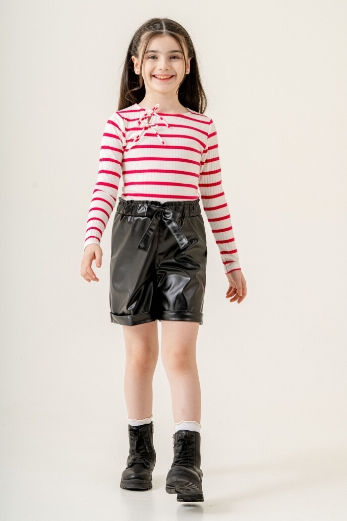 Çizgili Badili Deri Şortlu Kız Çocuk Takım 5-9 Yaş Fuşya 3775-4
