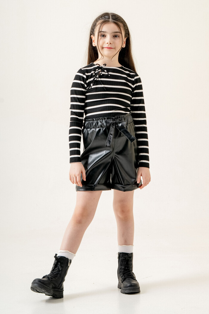 Çizgili Badili Deri Şortlu Kız Çocuk Takım 5-9 Yaş Siyah 3775-2