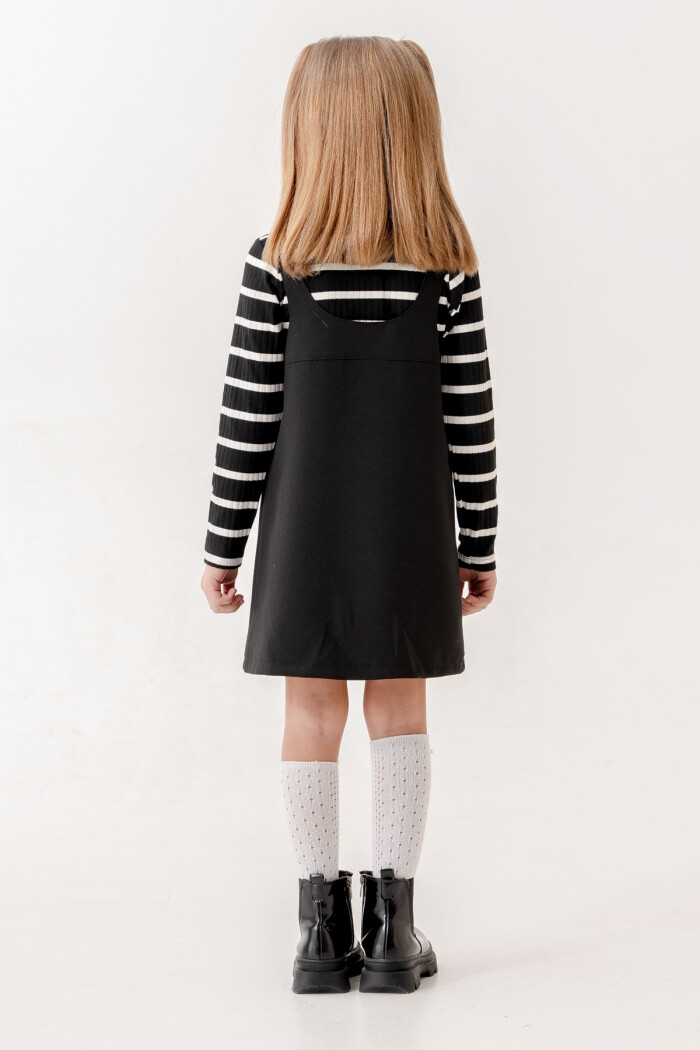 Çizgili Badili Yarım Balıkçı Yaka Kız Çocuk Elbise 3-7 Yaş Siyah 3754-1