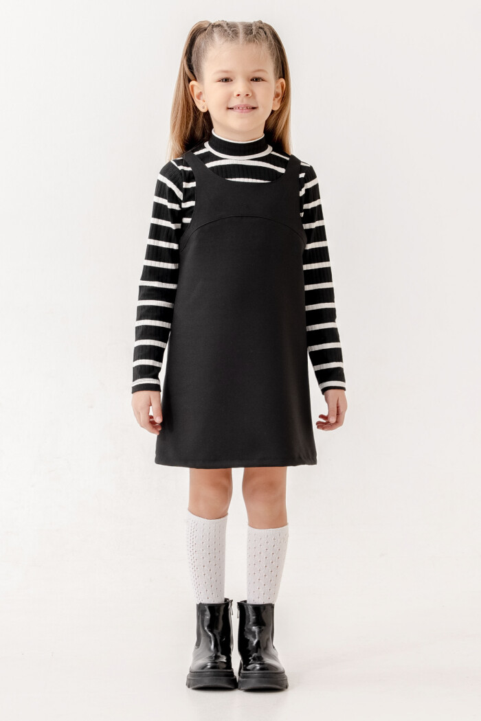 Çizgili Badili Yarım Balıkçı Yaka Kız Çocuk Elbise 3-7 Yaş Siyah 3754-1