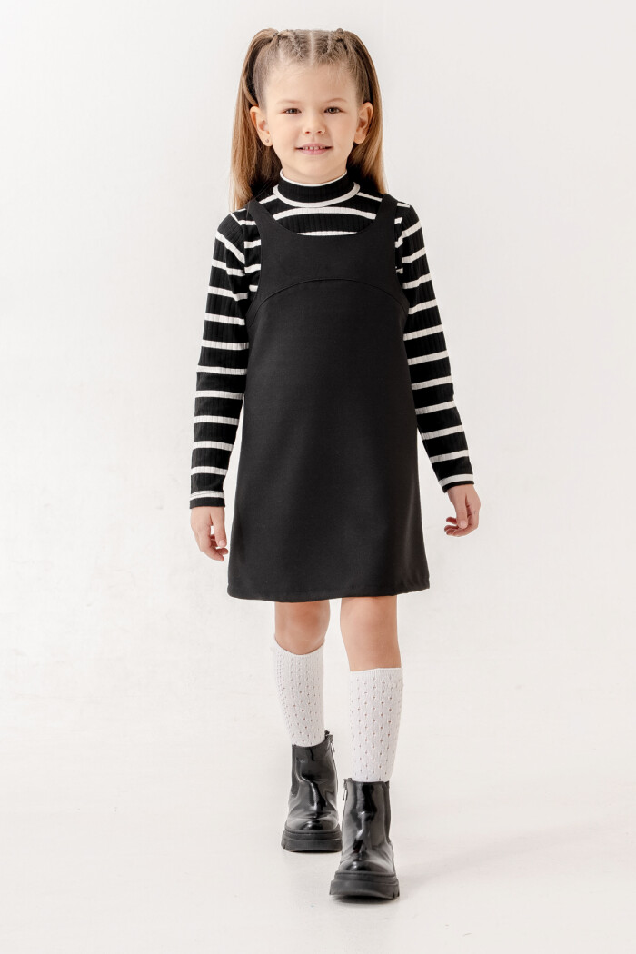 Çizgili Badili Yarım Balıkçı Yaka Kız Çocuk Elbise 3-7 Yaş Siyah 3754-1