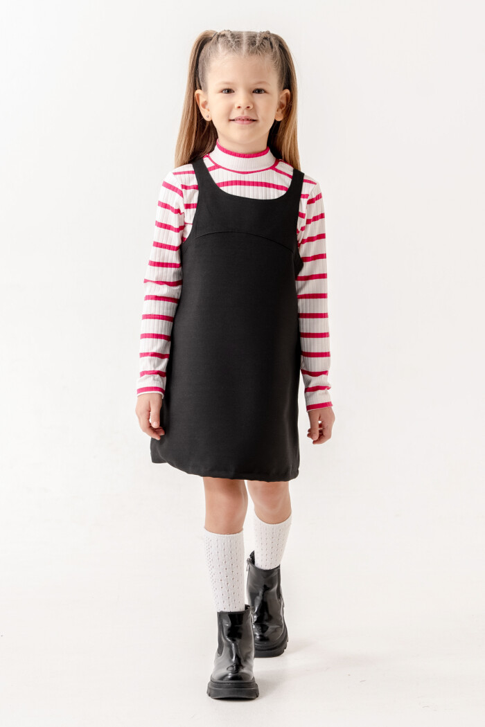 Çizgili Badili Yarım Balıkçı Yaka Kız Çocuk Elbise 3-7 Yaş Fuşya 3754-3