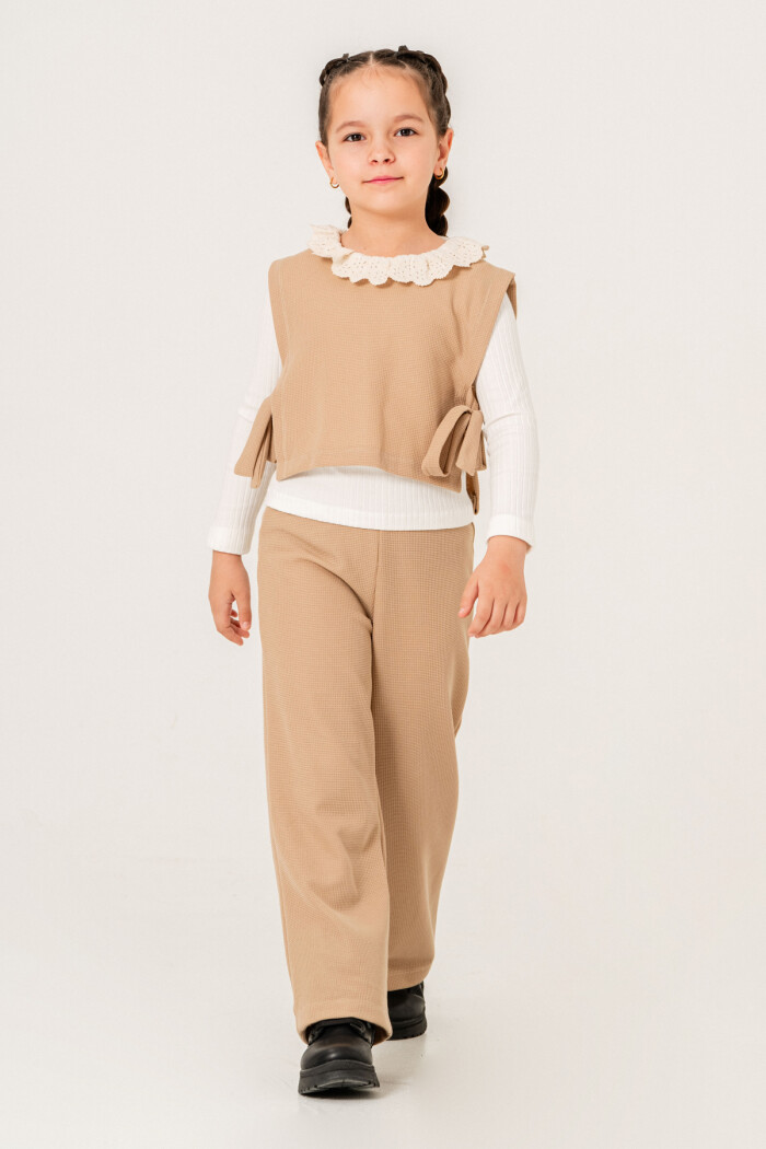 Dantel Yaka Detaylı Kız Çocuk Üçlü Takım 3-7 Yaş Bej 3774-4