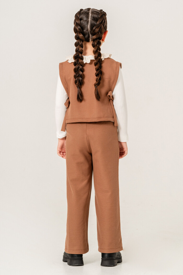 Dantel Yaka Detaylı Kız Çocuk Üçlü Takım 3-7 Yaş Kahve 3774-3