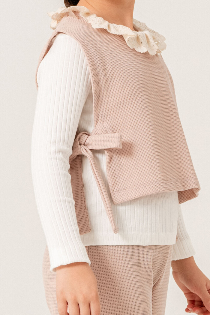 Dantel Yaka Detaylı Kız Çocuk Üçlü Takım 3-7 Yaş Pudra 3774-2